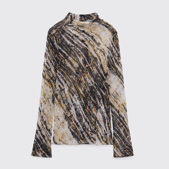 Zara Printed Draped Tulle Top Mesh Long Sleeves Shirt Size S - Picture 1 of 5